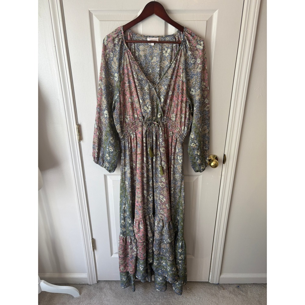 Boemo Anthropologie Maxi Dress Women 2X Floral Boho Tiered Smocked Long Sleeve
